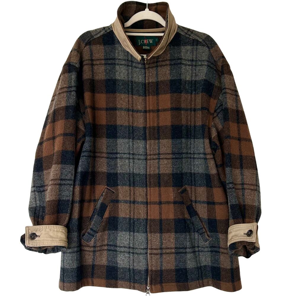 Vintage J.Crew Wool Plaid Zip Jacket Brown Gray Made in USA Mens L Unisex